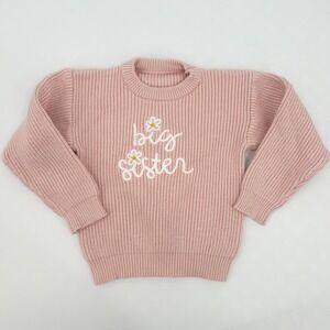 Girls Pink Chunky Knit Sweater Hand Embroidered Daisy Flower Big Sister Size 3T